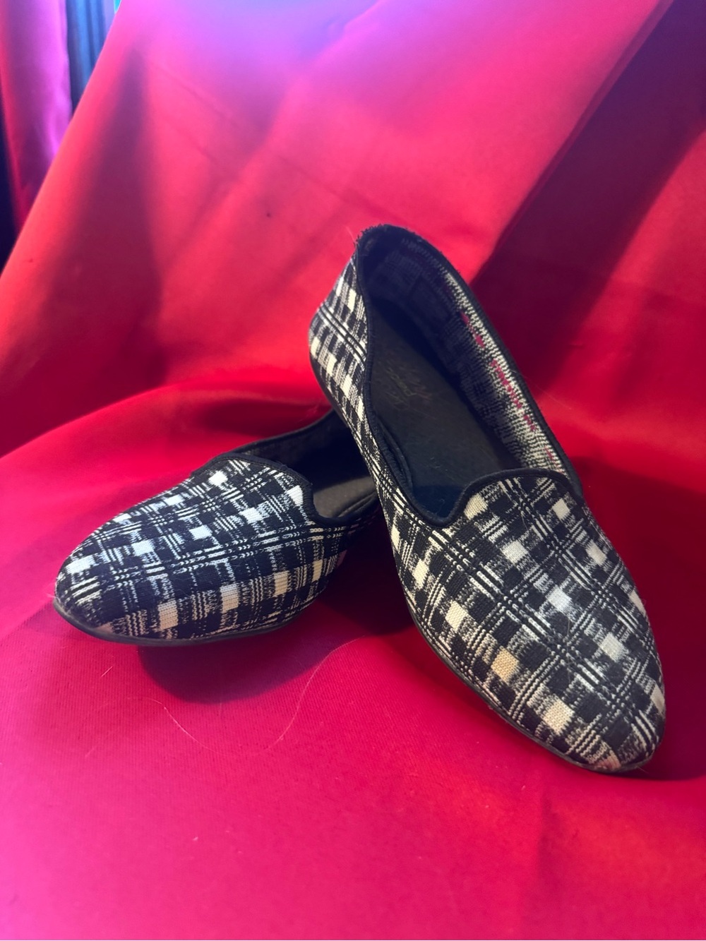 Clarks Black and White Plaid Slip-On Flats